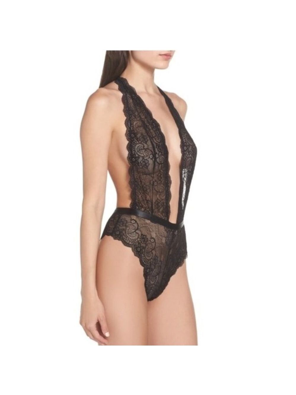 Oh la la Cheri Plunge Neck Lace Bodysuit